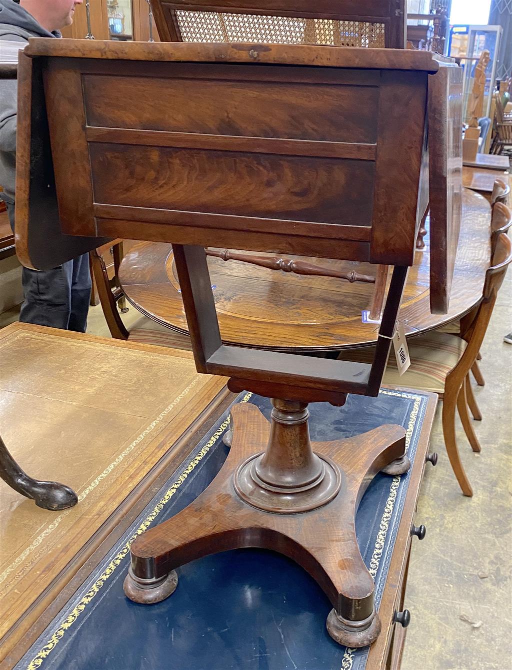 A William IV mahogany drof flap work table, width 43cm, depth 54cm, height 72cm